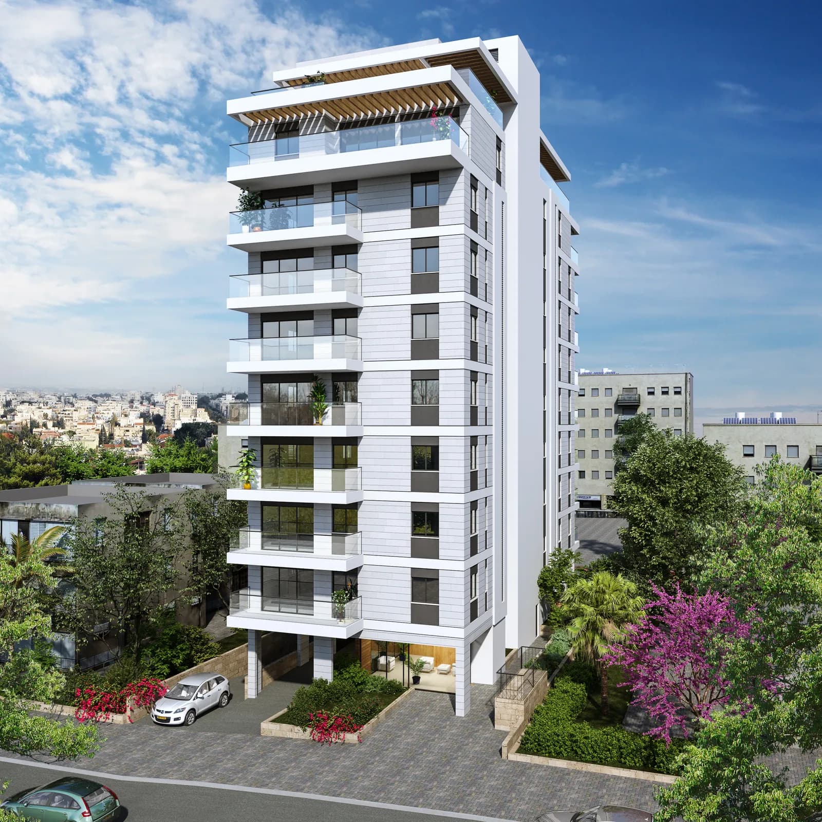 הדמיית בניין מגורים מאוכלס ברחוב מוצקין 12 בפתח תקווה